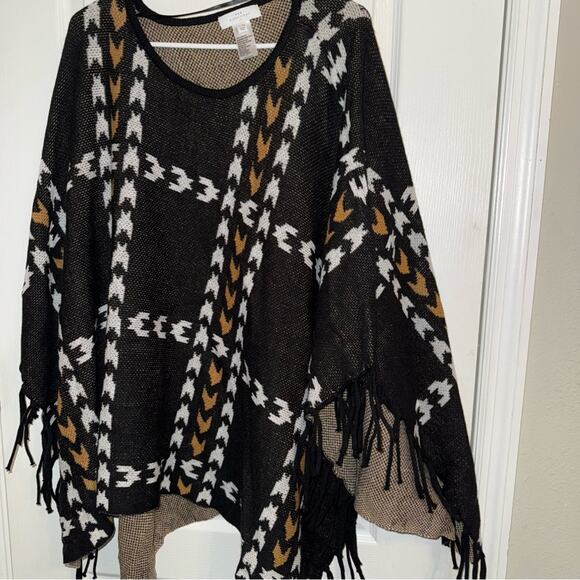 New directions Chic Black and Brown Fringe poncho Sweater - Picture 1 of 5